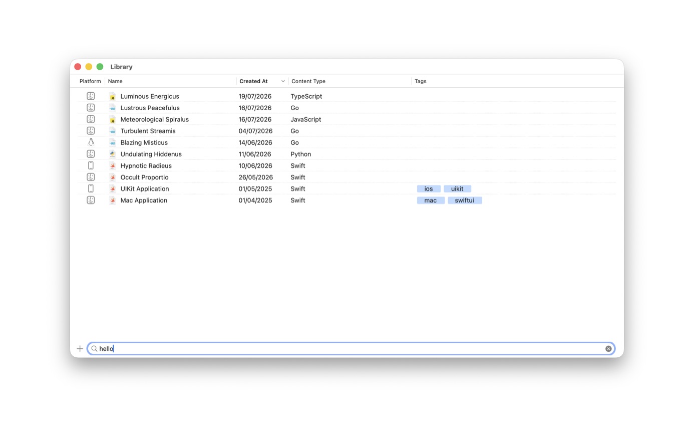 Notepad.exe Library with columns for platform, name, date, content type, and tags, plus a search field