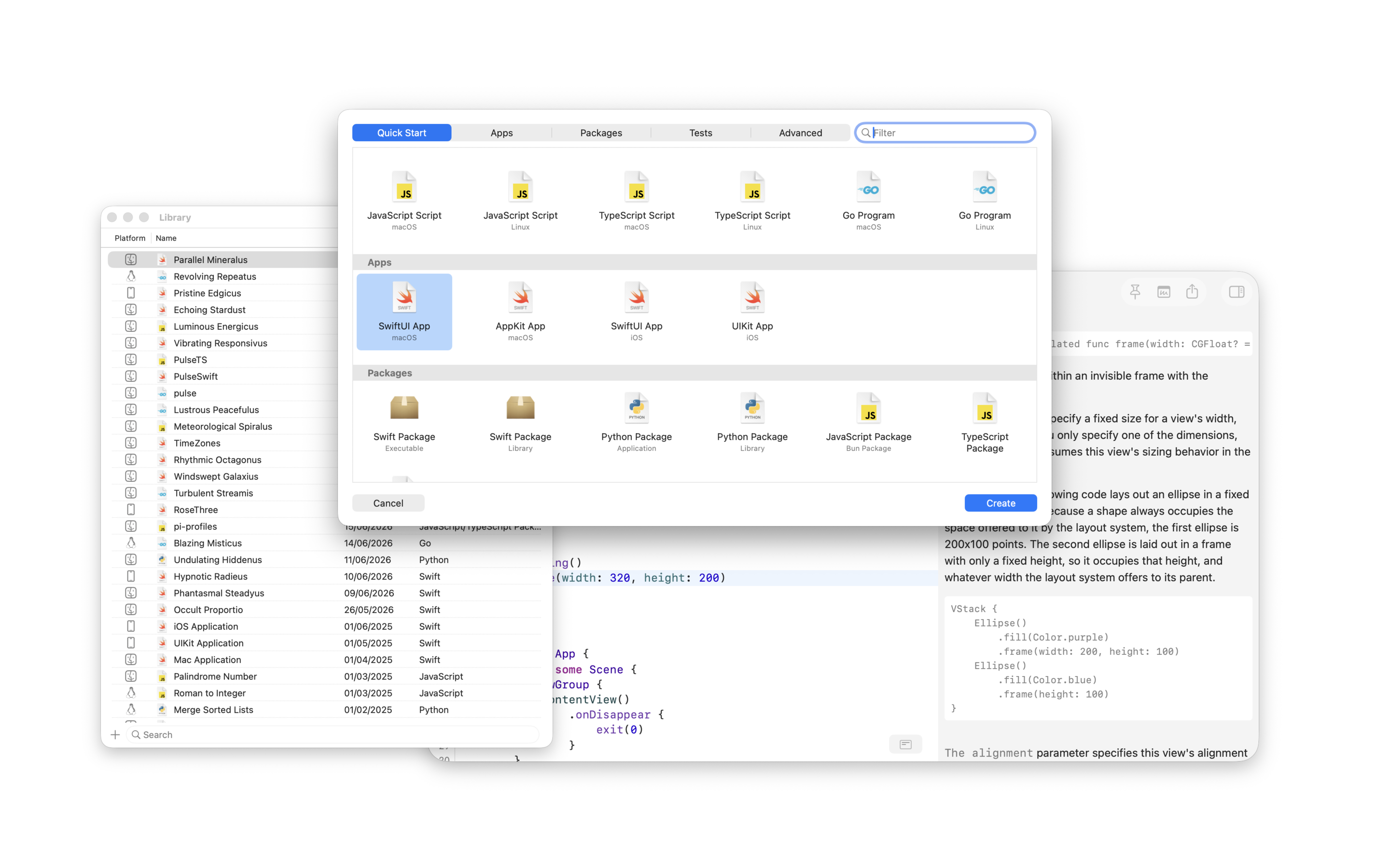 Notepad.exe Library, template selector, and editor shown as a new project flow